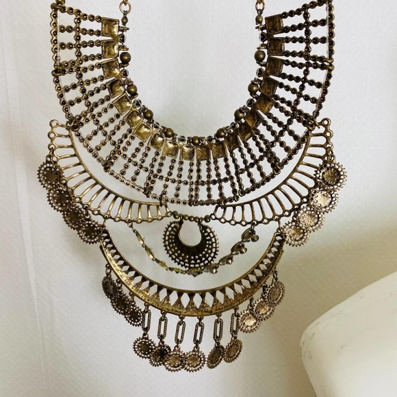 Boho Metal Statement Bib Necklace Burnished Gold Mutli-Dangle Large - Picture 6 of 7